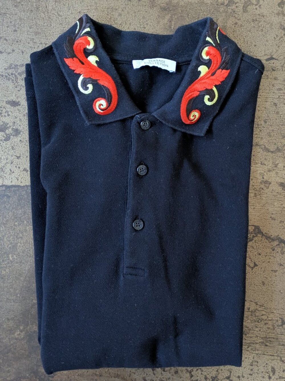 Versace Collection black embroidered collar baroque polo, black, size XL